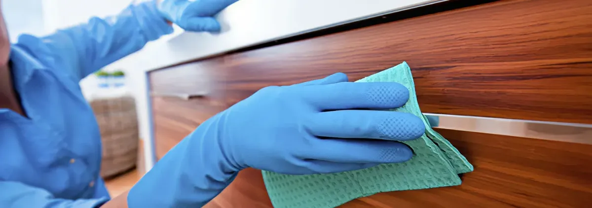 Cleaner wearing blue gloves wiping a wooden cabinet drawer with a microfiber cloth for dust and grime removal, Albuquerque, NM.